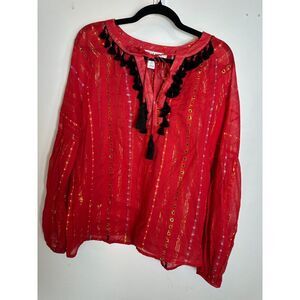Anthropologie Belle Vere Boho Tassel Sheer Blouse Size Small